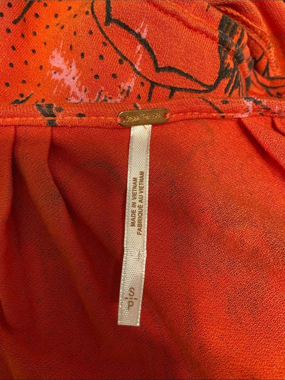 Free People Orange & Black Floral Print Last Time Bell Sleeve Crop Blouse Sz S
